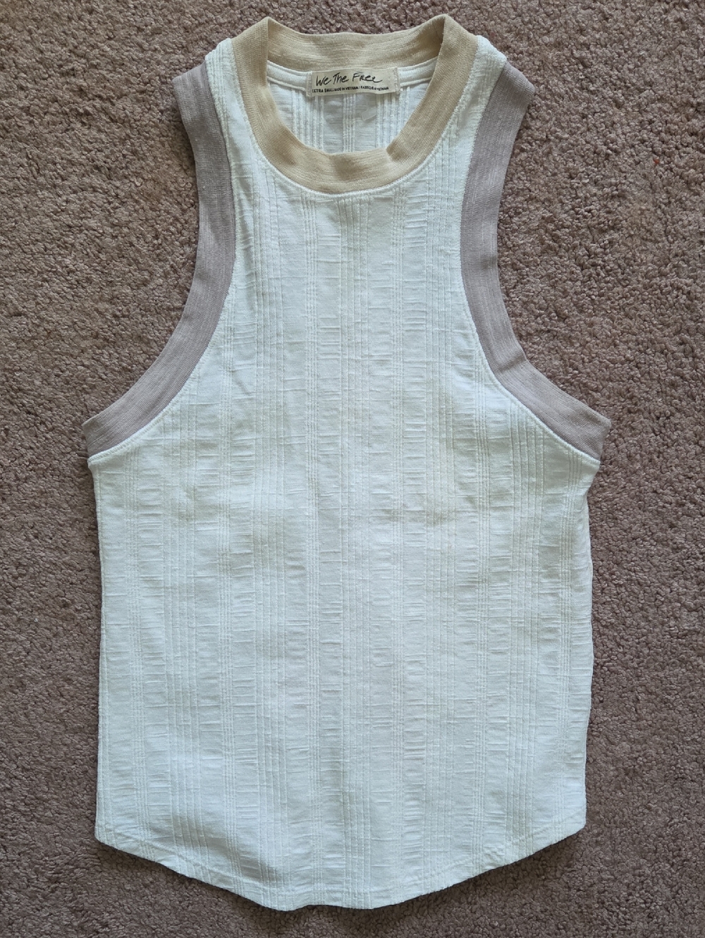We The Free Cream Ribbed Tank with Taupe Trim and Beige Neck